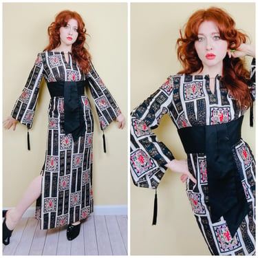 1960s Vintage Alfred Shaheen Kanji Print Maxi Dress / 60s Red Gold Black Flared Sleeve Tassel Cotton Gown / Size Medium 