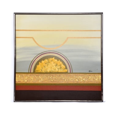 37 Inch Square Mid-Century Modern Sunrise Sunset Painting in Burgundy and Yellow 