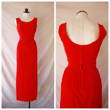 60s Day Glo Red Velvet Maxi Dress Size XS 