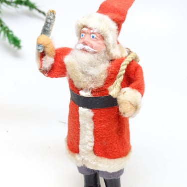 Antique 5 Inch Santa With Hand Painted Clay Face,  Holding Faux Feather Christmas Tree, Vintage Retro Decor 