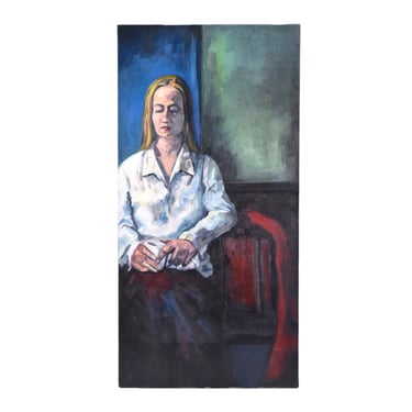 Portrait Woman in White Shirt w Cup Coffee Oil Painting Lenell Chicago Artist 