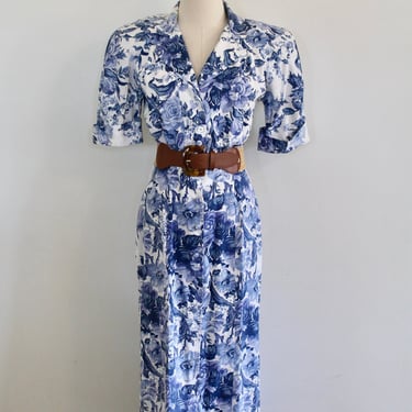 1980s 1990s - Floral Cotton Dress by Dawn Joy Fashions - Cottage Core - Laura Ashley - Toile - Size 4/6 