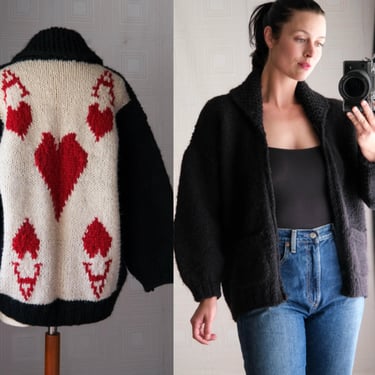 Vintage 80s HOLT RENFREW Ace of Hearts Cowichan Knit Zip Front Shawl Collar Sweater w/ Pockets | 100% Wool | 1980s Designer Cowichan Sweater 