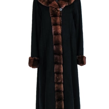 Saks Fifth Avenue - Cashmere Black Longline Coat w/ Brown Fur Trim Sz M/L