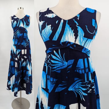 Vintage 70s Hukilau Fashions XS Blue Bark Cloth Sleeveless Empire Waist Maxi Dress 