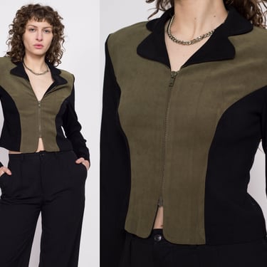90s Black & Olive Structured Blazer Crop Top - Small | Vintage Color Block Faux Suede Zip Up Cropped Jacket 