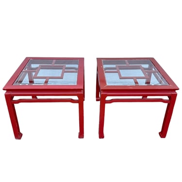 Chinoiserie End Tables Pair - Set of 2 Vintage Square Wood and Glass Hollywood Regency Asian Ming Style Side Furniture 