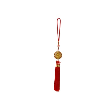 Round Golden Color Manjushri Motif Pendant Red Infinite Knot Tassel Art ws4267E 