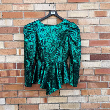 vintage 80s green black metallic tinsel peplum blouse /  s small 