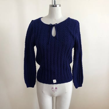 Navy Cable Knit Sweater with Keyhole Neckline - 1970s 