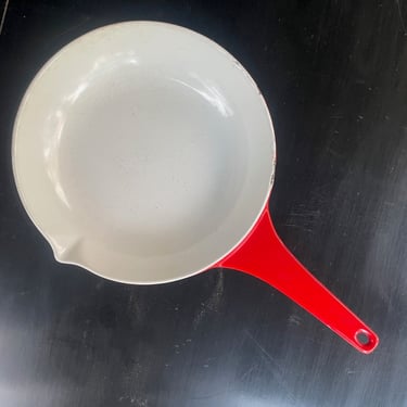 Vintage Danish Frying Pan Copco by Michael Lax Red + White Enamel on Cast Iron Mid-Century 