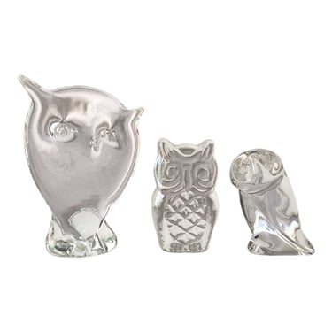Trio of Vintage Art Glass Owl Figurines || Mid Century Modernist Hand-Blown Glass Owl Paperweights Display Statues Nursery Decor Garden Art 