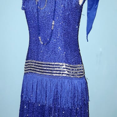 1920's BEADED FLAPPER, Reproduction 1990’s Ole Cassini Dress, Gatsby 20’s Dress, 20'S Beaded and Sequined Blue Flapper, Designer Dress 