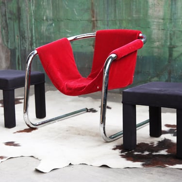 1970s Postmodern Chrome Vecta Zermatt Sling Red Velvet Lounge Chair 