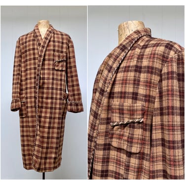 1950s Vintage Brown Plaid Wool Robe, 50s Shawl Collar Blanket Robe, XXL 50" Chest 