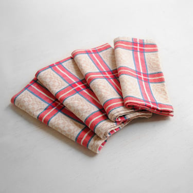 Vintage Plaid Napkin Set in Red, White, Blue, and Tan Cotton, Set of 4 