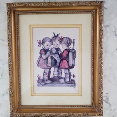 Vintage Hummel Gold Frame Matted Wall Art Three Little Girls 