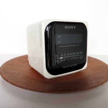 80s Sony Dream Machine White Cube Clock Am/FM Radio, Post Modern Sony ICF-C120 