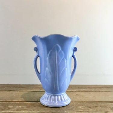 Vintage Abingdon Pottery Lilac Urn Vase, Pastel Purple-Blue Art Deco Flared Vase with Leaf Pattern, Scallop Edge and Scroll Handles 
