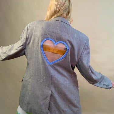 Plaid blazer with vinyl heart cutout  patch & safety pin 