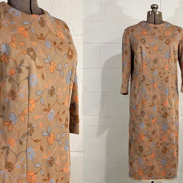 Vintage Floral Dress Tan Embroidered Flowers Flower Hippie Boho Bohemian Long Sleeves Large 1960s 