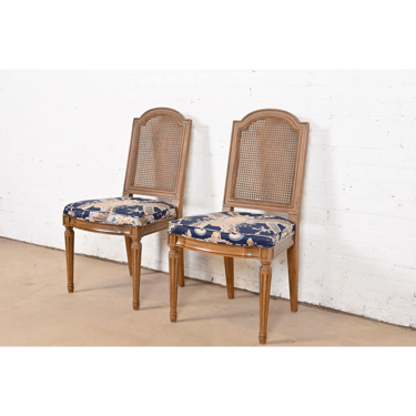 Henredon French Regency Louis XVI Carved Walnut Cane Back Dining Chairs or Side Chairs, Pair