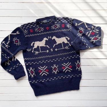 Ralph Lauren sweater 90s vintage blue horse intarsia hand knit sweater 