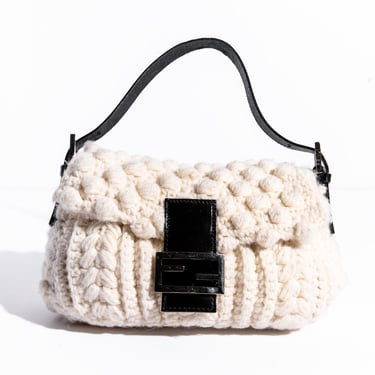 FENDI 1999 Cream Crochet Baguette with Brown Leather Accents