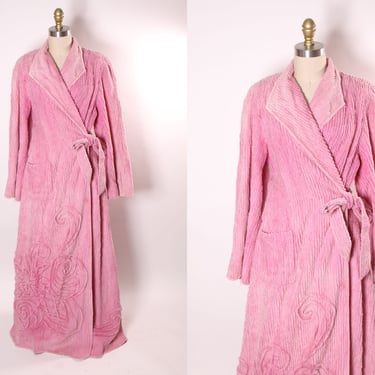 1940s Pink Chenille Swirl Long Sleeve Lingerie Hostess House Coat Robe -L 