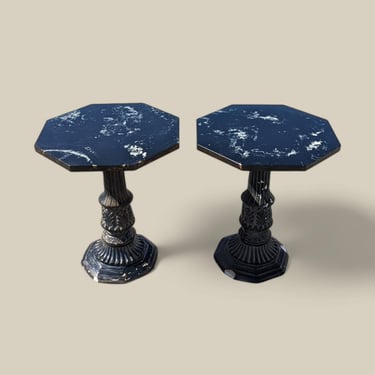 Antique Gothic Revival Marble Top Pedestals, Art Deco Mid Century Accent Tables 