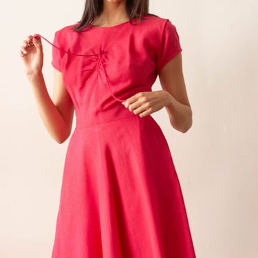 1950s Peony Pink Linen Garden Party Dress 