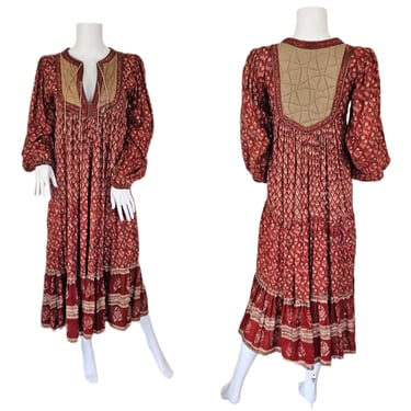 1970's Burgundy Indian Cotton Gauze Block Print A Line Dress I Sz Sm I Hippy Dress I Made in India 