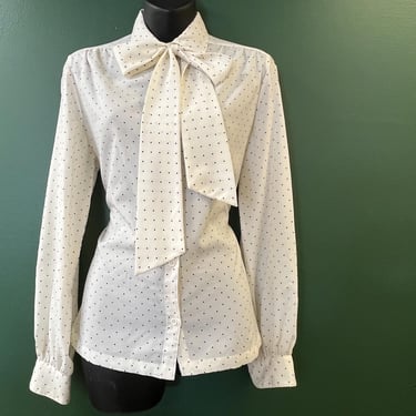 polka dot bow blouse 1970s secretary ascot button down large 