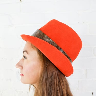 1980s Orange Wool Felt Hat | 80s Bright Orange Wool Fedora | Patrice | Small 