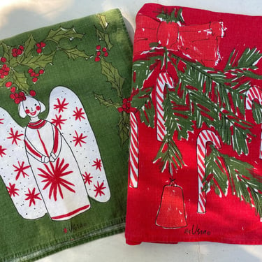 60's MCM Vera Christmas Tea Towels, Angel Towel And Candy Cane Towel, Vera Neumann Christmas Towels 