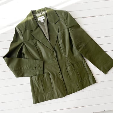 green leather jacket | 90s y2k vintage dark olive green academia style leather blazer 