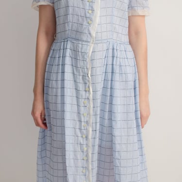 1950s Lightweight Sheer Blue and White Cotton Plaid Dress