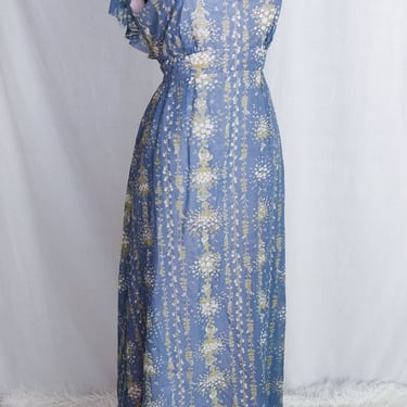 Vintage 70s 80s Blue Floral Floor-Length Dress // Ruffle High-Waisted Dress 