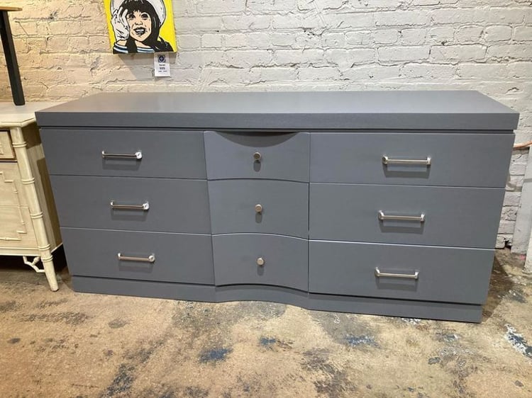 Gray painted mid century 9 drawer dresser 66” x 19” x 32”