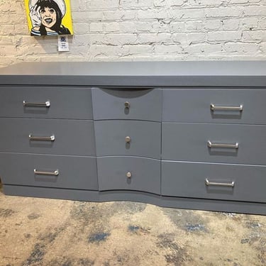 Gray painted mid century 9 drawer dresser 66” x 19” x 32”