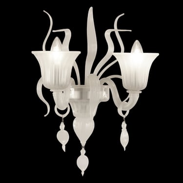 In stock! Hand blown Murano art glass wall sconce, silk white color Made in Italy 2 lights, handmade wall lamp 