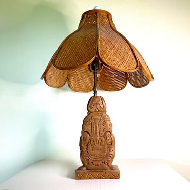 Vintage 50s Carved Tiki Totem Accent Lamp + Original Shade 