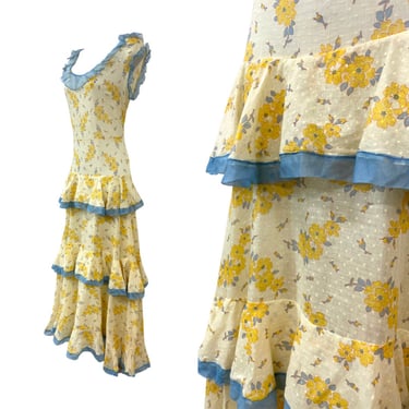Vtg 30s 1930s Depression Era Cotton Floral Buttercup Cornflower Blue Sun Dress 