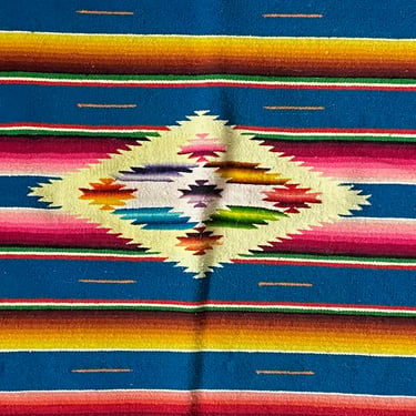 Vintage Blue Wool Saltillo Serape Textile Table Runner 