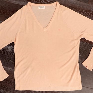 CHRISTIAN DIOR Peach V Neck Pullover Acrylic Sweater, Size LARGE, Oversized, vintage 1970's Mid Century 