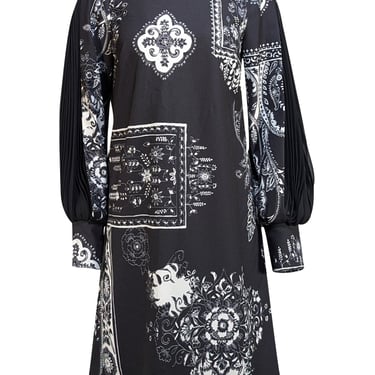 Lela Rose - Black & White Print Pleated Long Sleeve Dress Sz 6