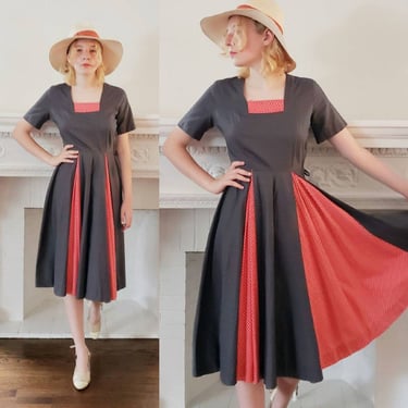 1950s Gray Cotton Dress Red White Polkadot Print Panels / 50s Short Sleeved Summer Midi Dress Circle Skirt / Medium / Thomasina 