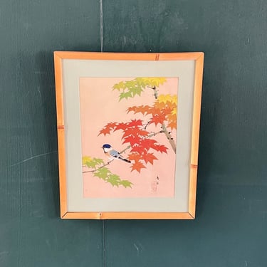 Vintage 1950s Japanese Red Maple with Bird Scene Painted on Linen Framed in Bamboo 
