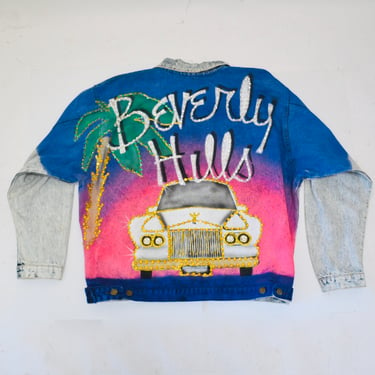 80s 90s Vintage Denim Jacket Beverly Hills California Painted Rhinestones Airbrushed JEAN Jacket Large XL Tony Alamo Inspired Acid Wash 