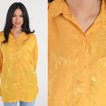 Yellow Embossed Blouse 80s Button up Shirt Long sleeve Abstract Scribble Print Shiny Retro Boho Statement Top Collared Vintage 1980s Large L 